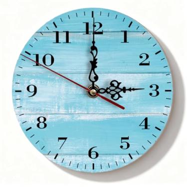 Imagem de Relógio de parede moderno de madeira costeira, silencioso, sem tique-taque, operado por bateria para sala de estar, cozinha, quarto - design azul oceano, 19 cm