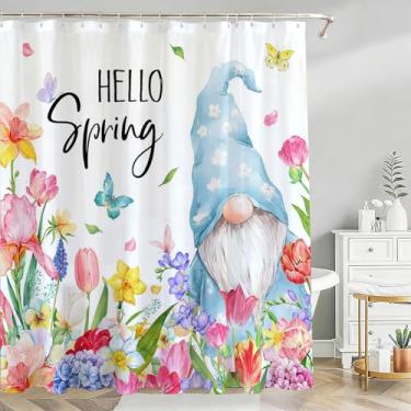 Imagem de Mocsicka Cortina de chuveiro primavera Gnomo Hello Spring Cortina de chuveiro floral aquarela flor de gnomo cortina de chuveiro de tecido impermeável decoração de banheira com 12 ganchos 182 x 182 cm