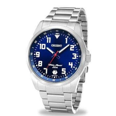 Imagem de Relógio Orient Masculino Analógico De Pulso Prateado Em Aço Inoxidável Esportivo Casual A Prova D'água Em 50 Metros De Fundo Azul Com Calendário Original