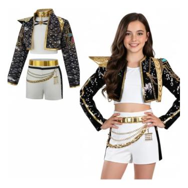 Imagem de Fantasia Infantil Guerreiras K-pop Luxo Golden Feminina para Festa, Palco e Aniversário com Acessórios (Branca, 9 à 10)