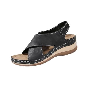 Imagem de Sandálias femininas Peep Toe com sola plataforma para uso na praia, design confortável de salto grosso, Preto, 36