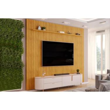 Imagem de Rack Bancada c/ Painel p/ TV até 80 Pol Pratic / Celine Ripado Portas e Gavetas 275x240cm Cedro/Off White - DJ Móveis