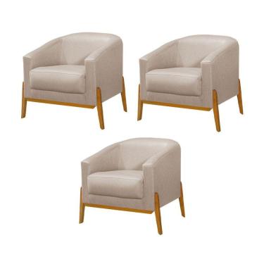 Imagem de Kit 3 Poltronas Living Base Em Madeira Maciça Flórida Linho Bege - Bege