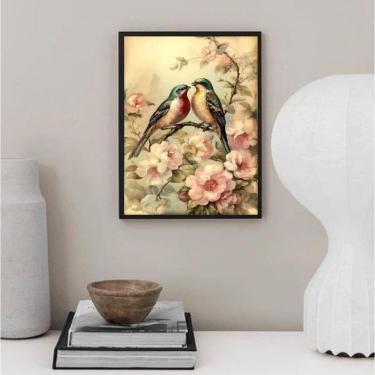 Imagem de Quadro Arte Desenho Casal De Passarinhos 45X34Cm - Com Vidro