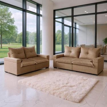 Imagem de Conjunto Sofá 3x2 Lugares Reclinável Tera Bom Pastor, Linho Bege