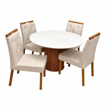 Imagem de Mesa de Jantar Dara 110cm Redonda com Vidro e 4 Cadeiras Jasmim em Veludo Estofadas Lj Móveis Cor Cinamomo Off White com Tecido Bege