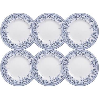 Imagem de Jogo 6 Pratos Rasos Jantar 28cm Tramontina Azzura Porcelana Decorada Floral Azul Mesa Posta