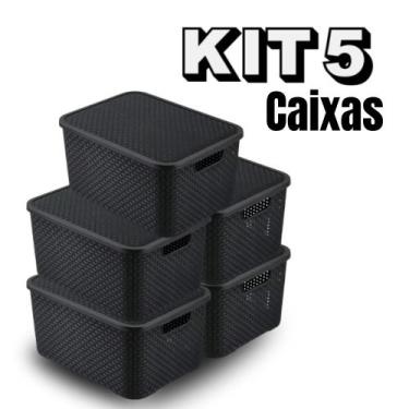 Imagem de Kit 5 Caixas Cestos Organizador Com Tampa Rattan 7 Litros - Arqplast