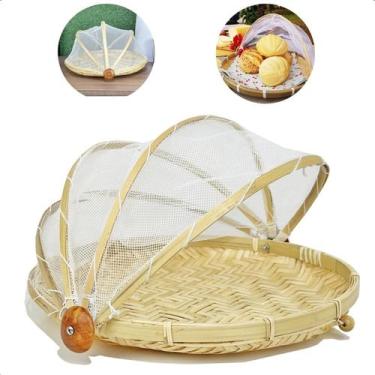 Imagem de Cesto Porta Pão e Bolos Redondo de Bambu Com Cobertura Tela Retrátil 3