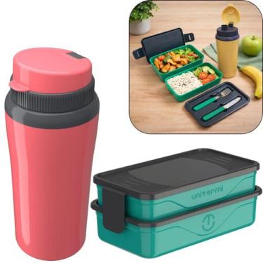 Imagem de Kit Marmita Fit Unitermi Talheres Divisórias Copo Térmico Miami 650ml 