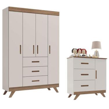 Imagem de Guarda Roupa e Cômoda Infantil Retrô Maya Off White Carvalho – Carolina