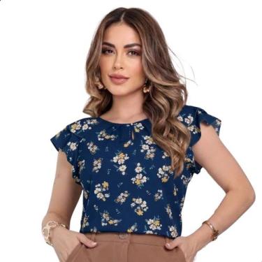 Imagem de Blusinha Feminina Social Crepe Estampa Floridas Lindas Tamanho:GCor:Az