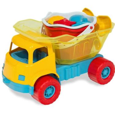 Imagem de Caminhão brinquedo com baldinho de praia pazinha rastelo peneira verão