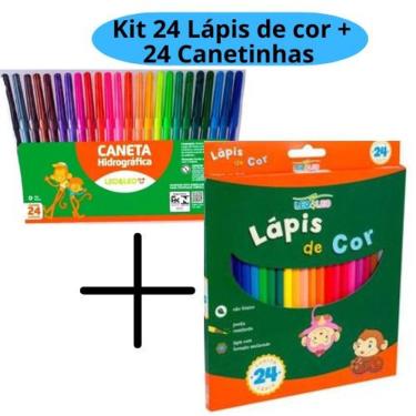 Imagem de Kit Lápis de Cor e Caneta Hidrográfica 24 Cores Leo e Leo OEM Sextavado Atóxico Infantil