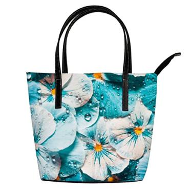 Imagem de Bolsa de ombro para mulheres com flores amor-crespo, couro turquesa, bolsa de trabalho grande casual