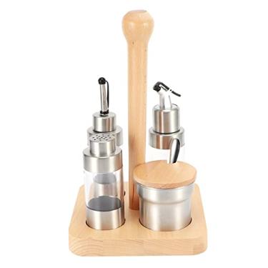 Imagem de Bandeja de madeira recipiente de armazenamento de garrafa de condimentos, recipiente de armazenamento de condimentos de aço inoxidável 304 recipiente de especiarias ferramenta de cozinha (moldura de madeira quadrada)