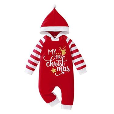 Imagem de Macacão infantil para meninos e meninas de Natal manga comprida com estampa de cervos vestidos listrados para bebês meninas (vermelho, 12 a 18 meses)