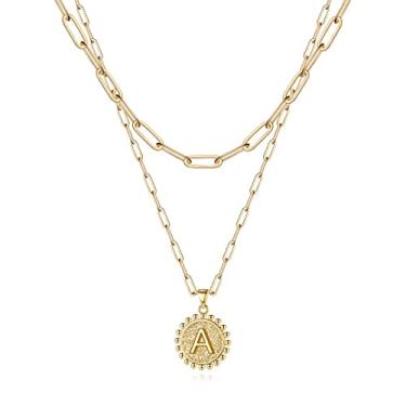 Imagem de Colar gargantilha em camadas para mulheres, banhado a ouro 14 quilates delicado camadas clipe de papel colar de corrente simples ajustável inicial pingente de moeda colares em camadas de ouro para mulheres joias presentes, Latão, Zircônia cúbica