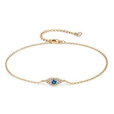 Imagem de LOYATA Bracelete de tornozelo delicado, banhado a ouro 14 K Tornozeleira de contas pequenas branca delicada zircônia cúbica cruz borla corrente de pé fofa Lucky Moon Evil Eye Joia