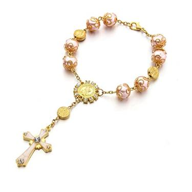 Imagem de Pulseira de contas de terço de ouro rosa medalha cruz católica religiosa Chaplet de oração artesanal de comunhão confirmação bolso de carro, Alumínio Pérola