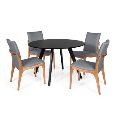 Imagem de Conjunto Mesa de Jantar Redonda Júlia 120cm Preta com 4 Cadeiras Estofada em Madeira Garbo Cinza Escuro