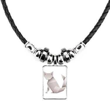 Imagem de DIYthinker Colar com padrão geométrico abstrato de gato origami joia torque pingente de corda de couro