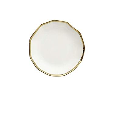 Imagem de JLXZHOME Prato de jantar de cerâmica com aro de ouro preto branco pratos de porcelana bandeja de sobremesa de arroz tigela de sopa colher de mesa, 17,78 cm branco profundo p