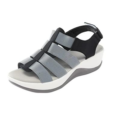 Imagem de Sandálias femininas de plataforma com laço de velcro moda verão respirável tecido elástico sandália anabela tira no tornozelo (cinza, 9)