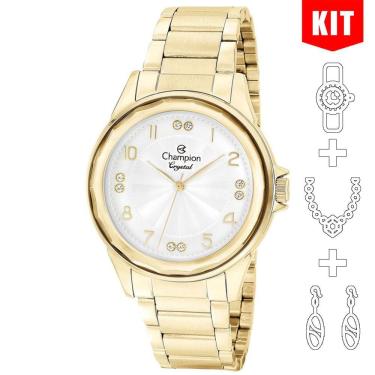 Imagem de Relógio CHAMPION KIT feminino prata dourado strass CN25609W