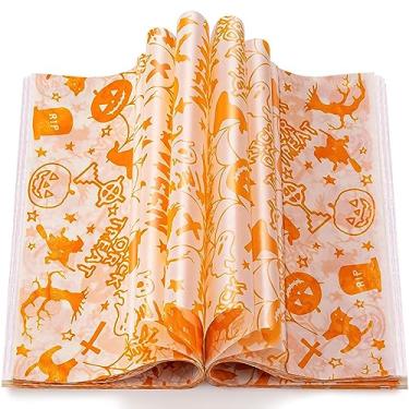Imagem de 50 peças de comida de papel de cera de Halloween, folhas de papel de cera para embrulhar sanduíche, forro de cesta de piquenique à prova d'água com padrão de abóbora para cozinha feita à mão