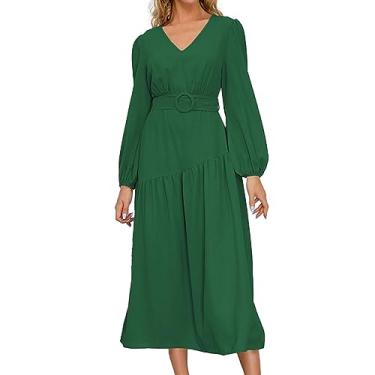 Imagem de UIFLQXX Vestido maxi feminino plus size, outono/inverno, decote em V, liso, com cadarço, vestido slim fit, vestido casual, Verde, GG