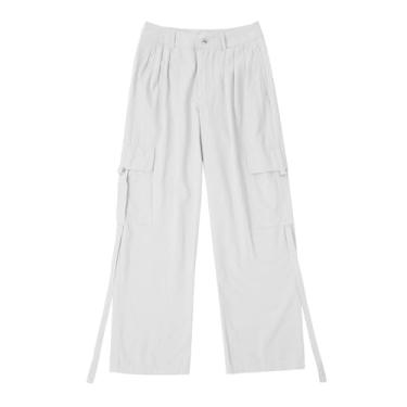 Imagem de Calça cargo feminina cintura alta, calça de pára-quedas baggy perna larga streetwear com bolsos calça de caminhada calça de moletom feminina (Branco, P)