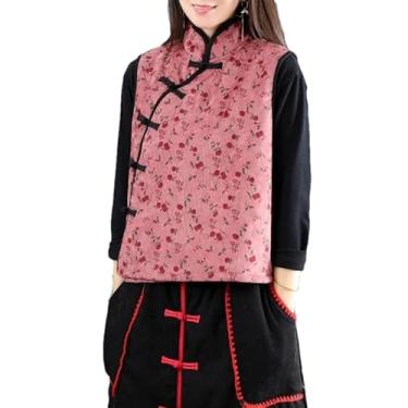 Imagem de KANG POWER Colete de veludo cotelê estilo chinês feminino étnico vintage engrossar colete sem mangas colete tradicional feminino, rosa, PP