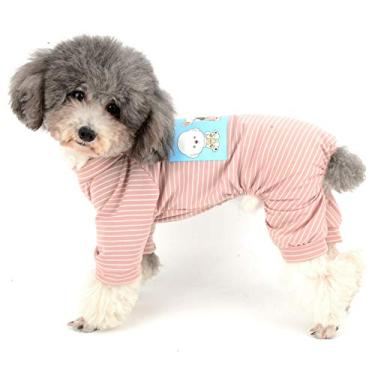 Imagem de Ranphy Pijama listrado para cachorrinho camisa de algodão para animais de estimação macacão casual cachorro pequeno quatro pernas roupas fofo filhote impresso vestuário para cachorro rosa tamanho GG