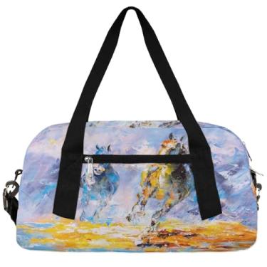 Imagem de Bolsa esportiva infantil para corrida, cavalo, esportes, bolsa de ginástica, pintura a óleo, bolsa de viagem de fim de semana, bolsa de ginástica esportiva para meninos e meninas, bolsa de viagem