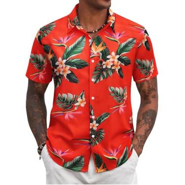 Imagem de COOFANDY Camisa masculina havaiana floral tropical abotoada verão praia, Flores vermelhas e verdes, GG