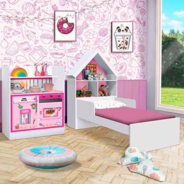 Imagem de Cama Infantil Branca Com Cozinha Infantil Mdf Rosa Pink Magia Gabriell