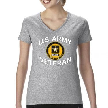 Imagem de Camiseta feminina US Army Veteran Soldier for Life com gola V orgulho militar DD 214 Patriotic Armed Forces Gear Licenciada, Cinza, G