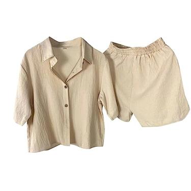 Imagem de Conjunto de 2 conjuntos de roupas de verão para mulheres verão cor sólida lapela botão blusa curta solta manga curta cintura elástica, Bege, GG