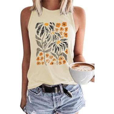 Imagem de Camiseta regata feminina floral casual verão manga cavada sem mangas flores silvestres estampa floral, Bege A, M