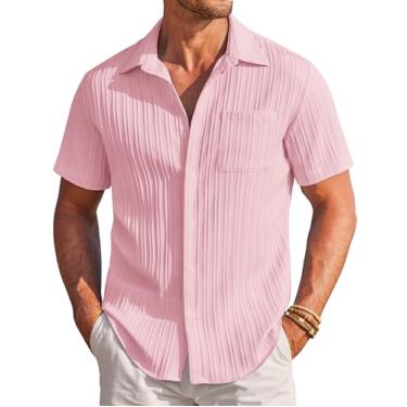 Imagem de COOFANDY Camisas masculinas casuais de manga curta com botões na moda texturizada verão praia camisa, Laranja, rosa, GG