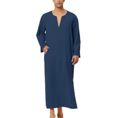 Imagem de MANYUBEI Roupão muçulmano masculino, roupas étnicas do Oriente Médio, gola V, manga comprida, camisa estilo longa, Azul, GG