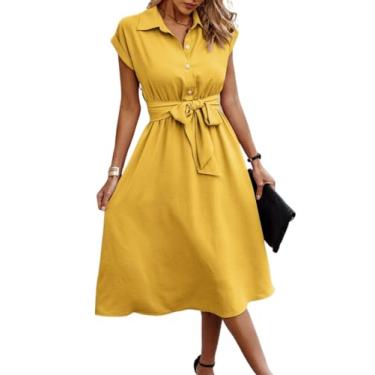 Imagem de Camisa Feminina Solid Batwing Sleeve Belted Dress (Color : Yellow, Size : M)