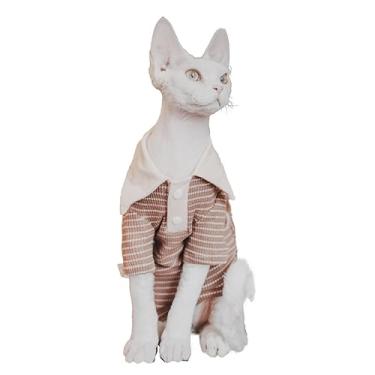 Imagem de Camiseta polo de algodão Sphynx super macia gatinho sem pelos com mangas pulôver pijama gato para Sphynx Cornish Rex, Devon Rex, Peterbald (pequeno, marrom branco polo)