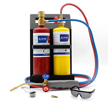 Imagem de RTMMFG Kit de tocha Oxygen MAPP Suporte de metal cilíndrico portátil, para solda, brasagem, faísca, vidro de proteção, bocal extra (cilindros de gás não incluídos)