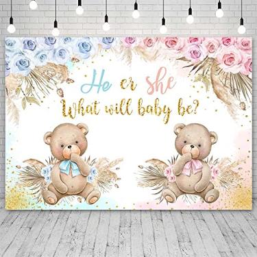 Imagem de Sendy Urso Boho de 2,4 x 1,8 m, pano de fundo revelador de gênero, ele ou ela, o que será o bebê, fundo fotográfico, flor rosa e azul, revelação de gênero, decoração de festa, banner, adereços de