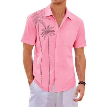Imagem de Runcati Camisa masculina havaiana manga curta abotoada verão praia férias algodão linho camisas, rosa, GG