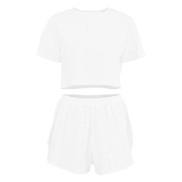 Imagem de Eforcase Conjunto de pijama feminino, regata de manga curta, short respirável e loungewear, Branco, M