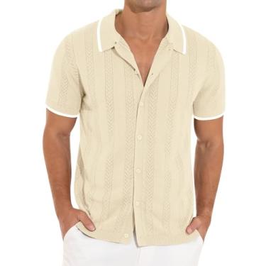 Imagem de RQP Camisa masculina casual de botão manga curta roupas vintage malha camisa polo verão praia camisas, Creme, XXG