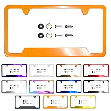 Imagem de Versão recortada no canto inferior moldura da placa de licença solar laranja revestido com pó ajuste universal tampa de alumínio rosqueada na tampa da tampa, aço inoxidável T304, parafusos de aço inoxidável à prova de ferrugem (quantidade: 1 moldura)